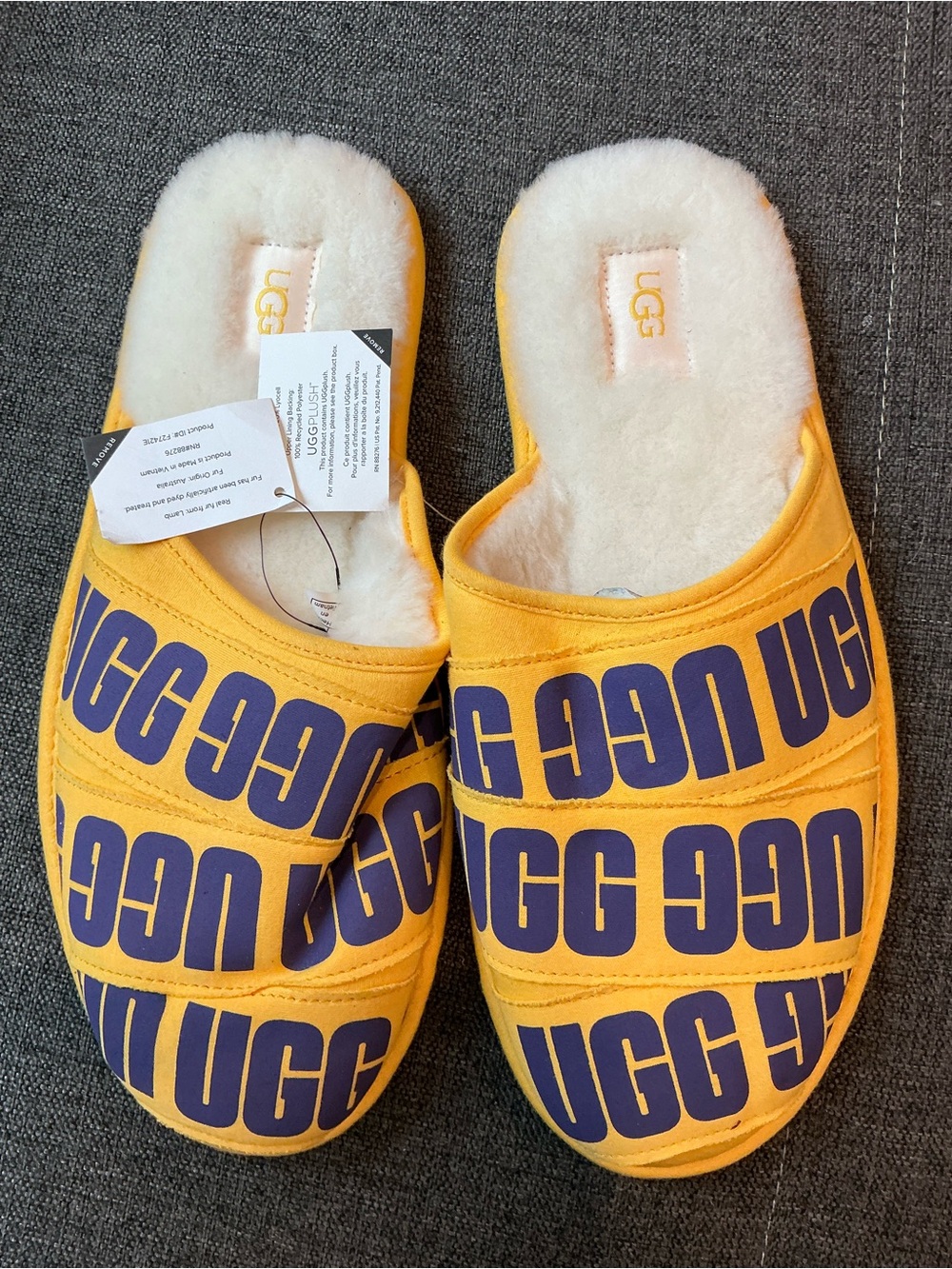 UGG White Shearling Slide with Yellow Logo